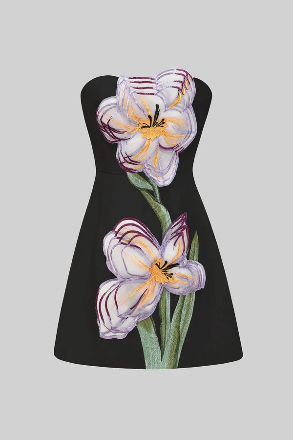 Strapless Mini Dress With 3D Iris Floral Appliqué - Black