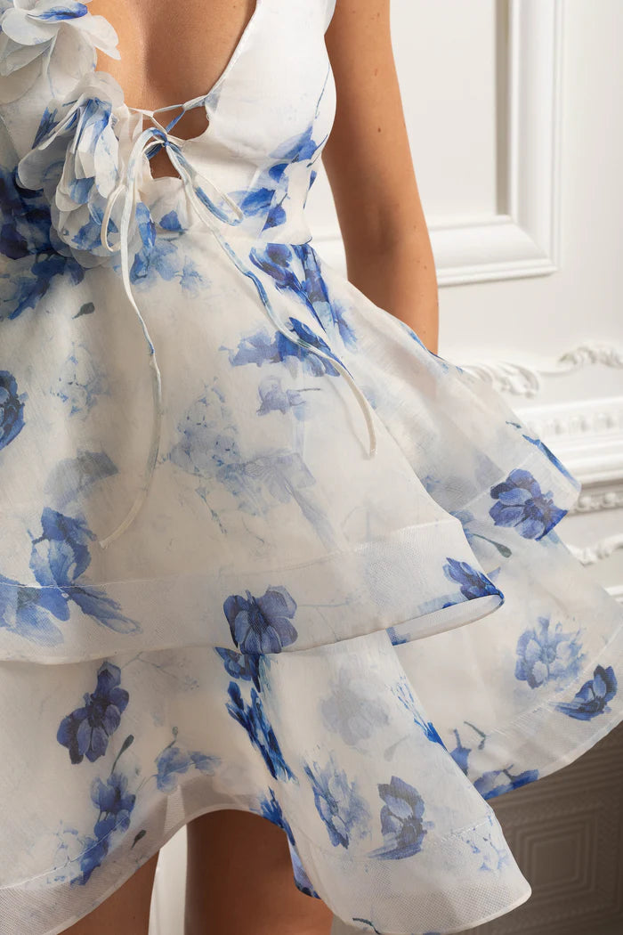 Organza Asymmetric Mini Dress With Floral Appliqué And Tiered Ruffle Skirt - Blue