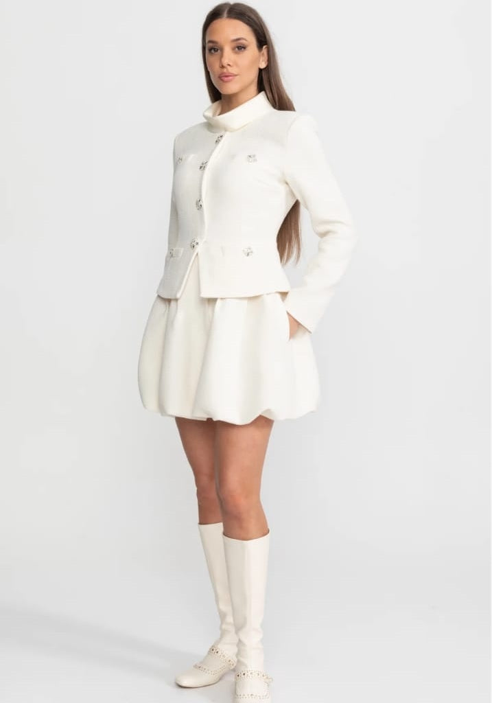 Textured Mini Dress with Crystal Button Embellishments – Ivoire