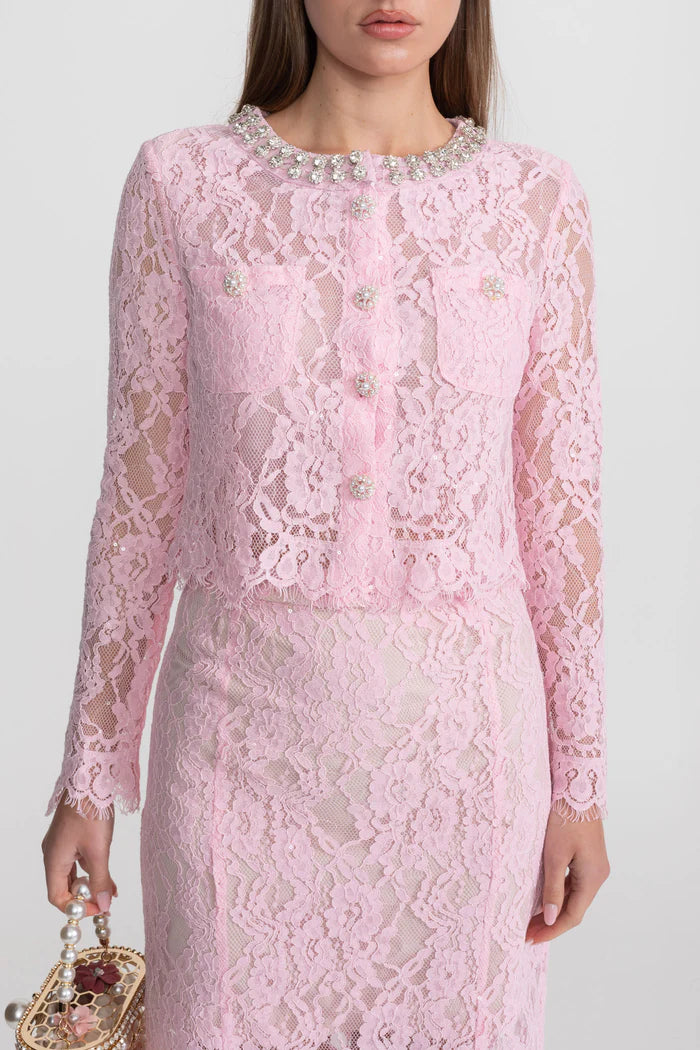 Lace Co-ord Set with Embellished Collar and Buttons - Pink