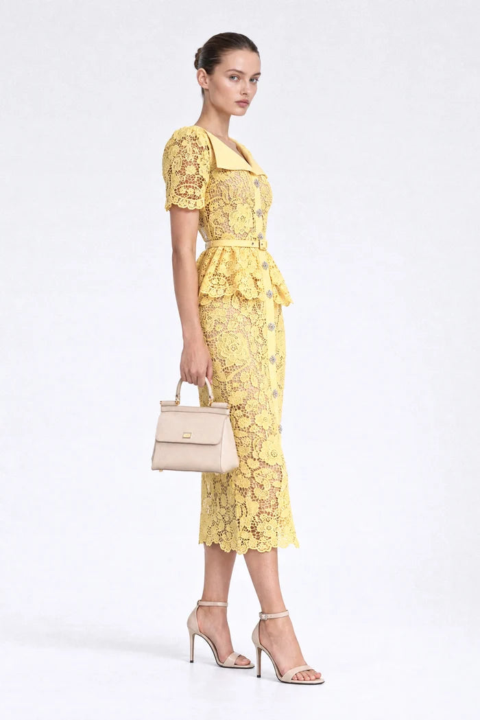 Crystal-Button Lace Peplum Midi Dress - Yellow