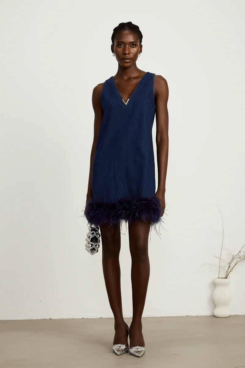 Selene bleu sans manches en plume-trim mini robe