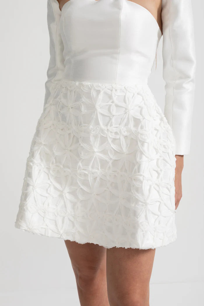 Textured Mini Dress with Detachable Sculptural Shoulder Bolero - White