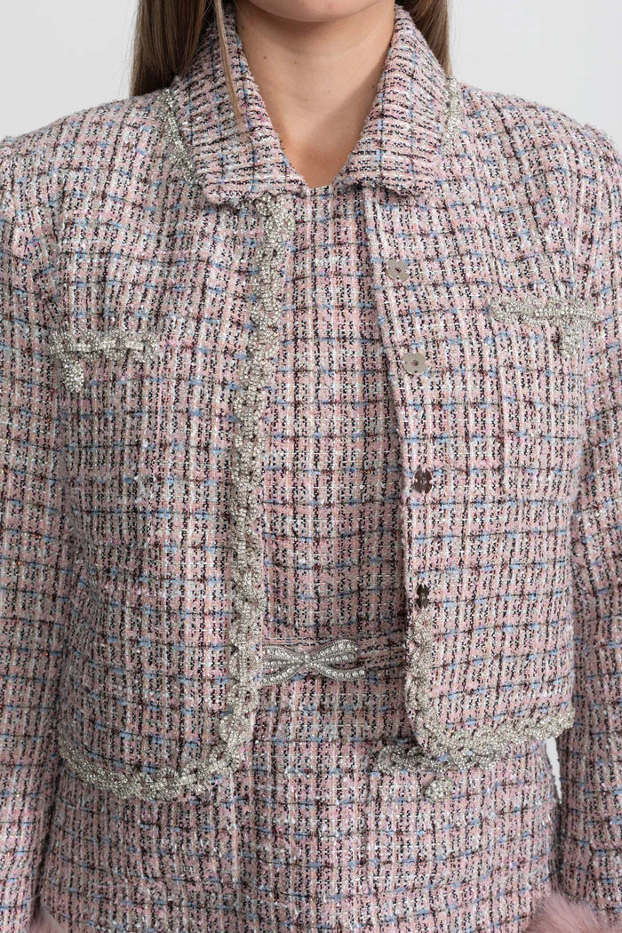Tweed Cropped Jacket with Faux Fur Cuffs - Pink