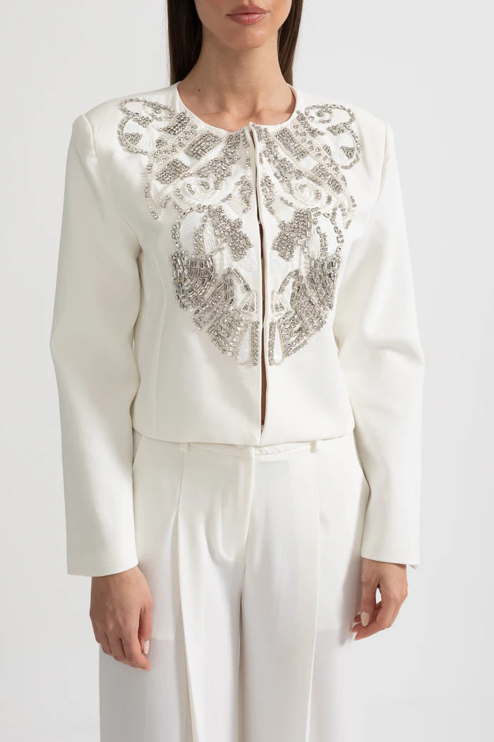 Embellished Jacket and Wide-Leg Trousers Co-Ord Set with Ornate Beadwork - White