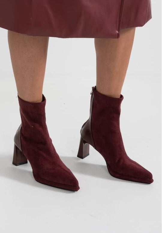 Glossy Heel Suede Ankle Boot - Burgundy