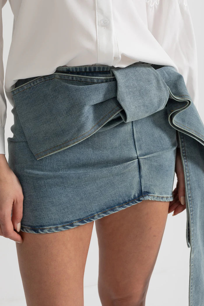 Denim Mini Skirt with Oversized Bow Detail - Blue