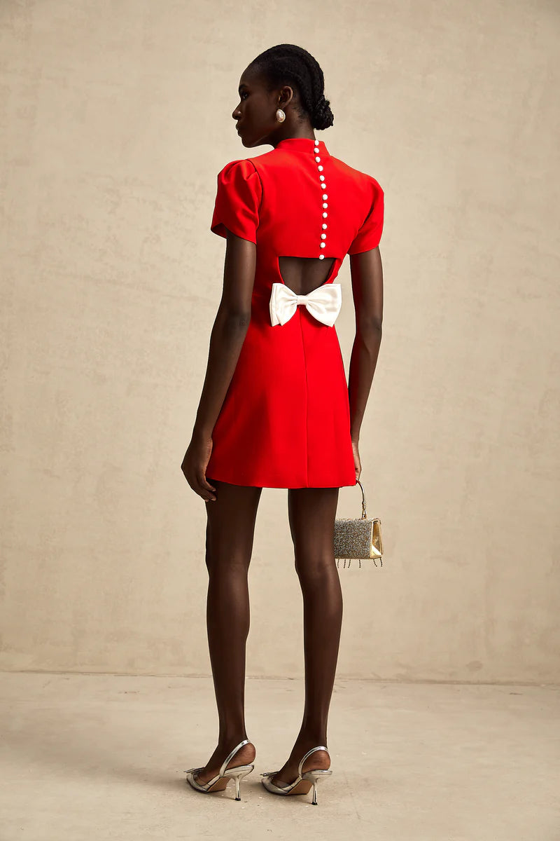 Anna Red Petal-Sheeve Cut-Out Bow Bow Robe