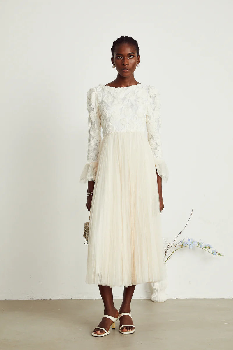 Thibaulte pleated lace-floral midi dress