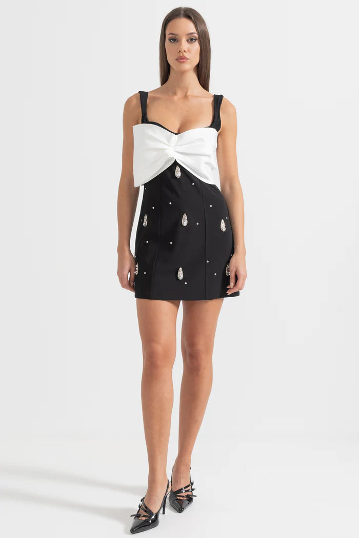 Embellished Mini Dress With White Neckline Bow - Black