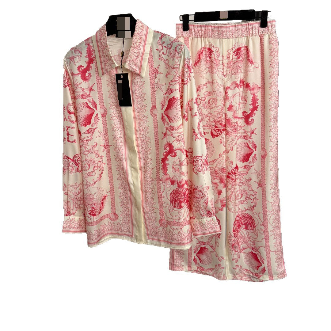 Seafood print long-sleeved shirt + casual wide-leg trousers set