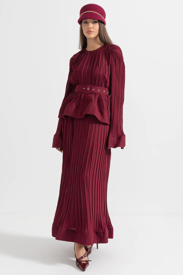 Elegant Ensemble With Pleated Top And Maxi Skirt - Burgundy