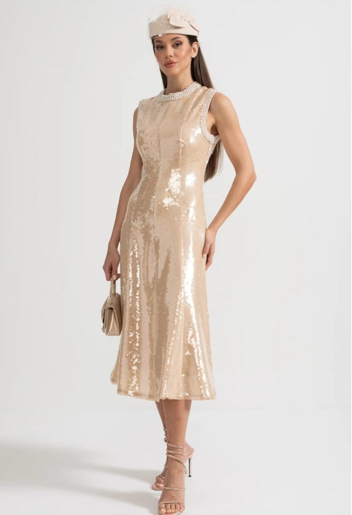 Elegant Sequin Dress With White Pearl Embellishments - Beige