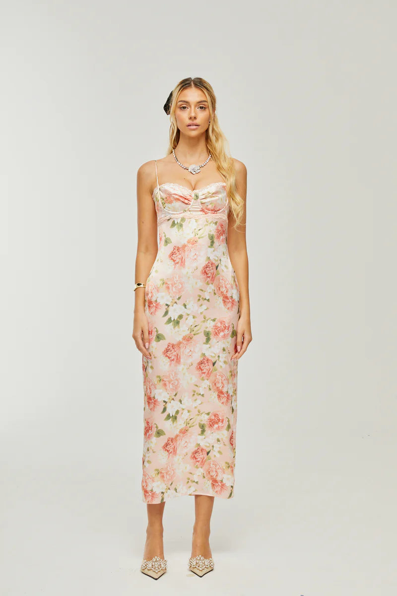 Yvette pink floral-print satin maxi dress