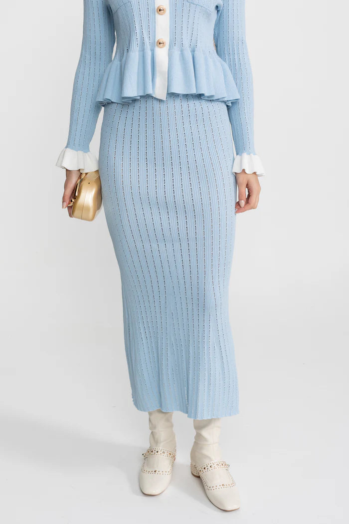 Pointelle Knit Midi Co-Ord with Contrast Trim – Baby Blue