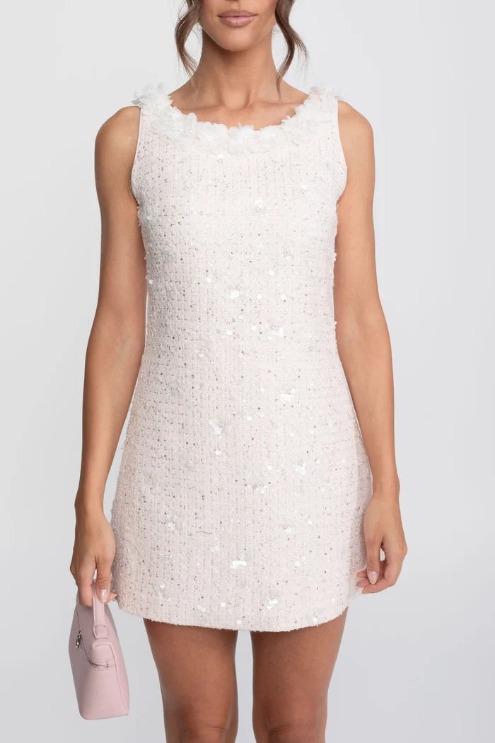 Ribbed Knit Mini Dress With Floral collar - Light Pink