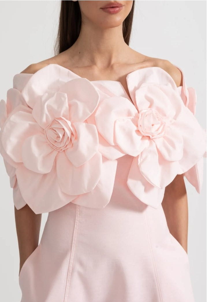 Off-Shoulder Midi Dress With Large Fabric Floral Accents - Pink