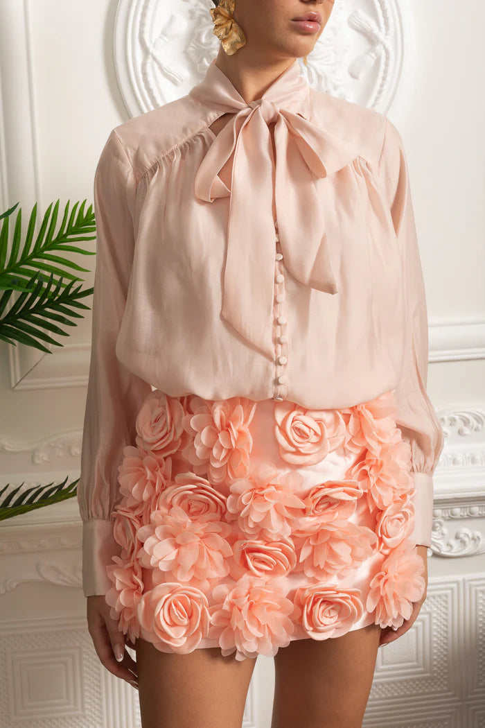 Co-ord Set With Oversized Bow Blouse And 3D Floral Mini Skirt - Peach