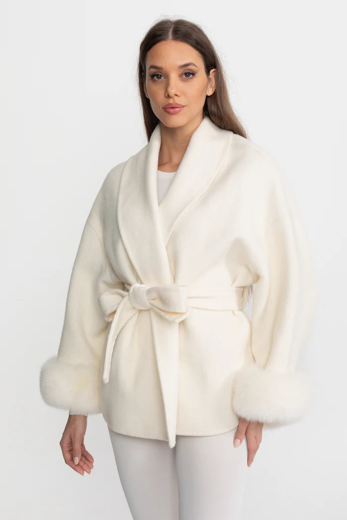 Wool Blend Wrap Jacket with Fox Fur Cuffs - Ivoire