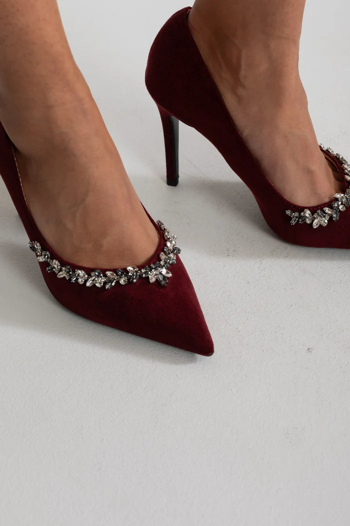 Embellished Suede Pointed-Toe Pumps – Burgundy