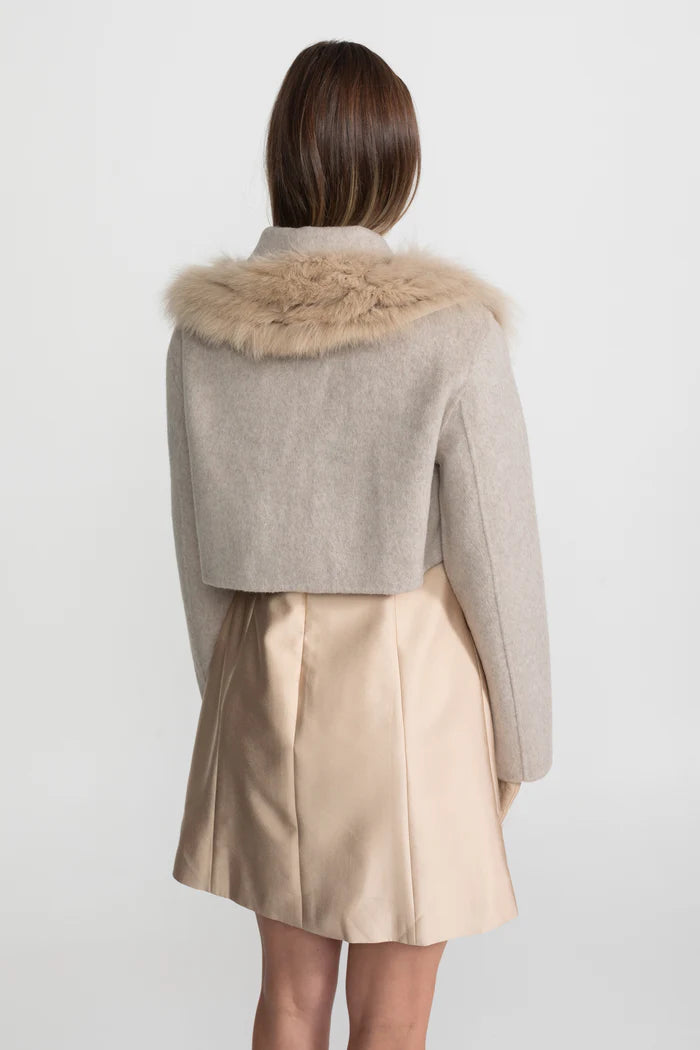 Wool Cropped Jacket with Fox Fur Collar – Taupe
