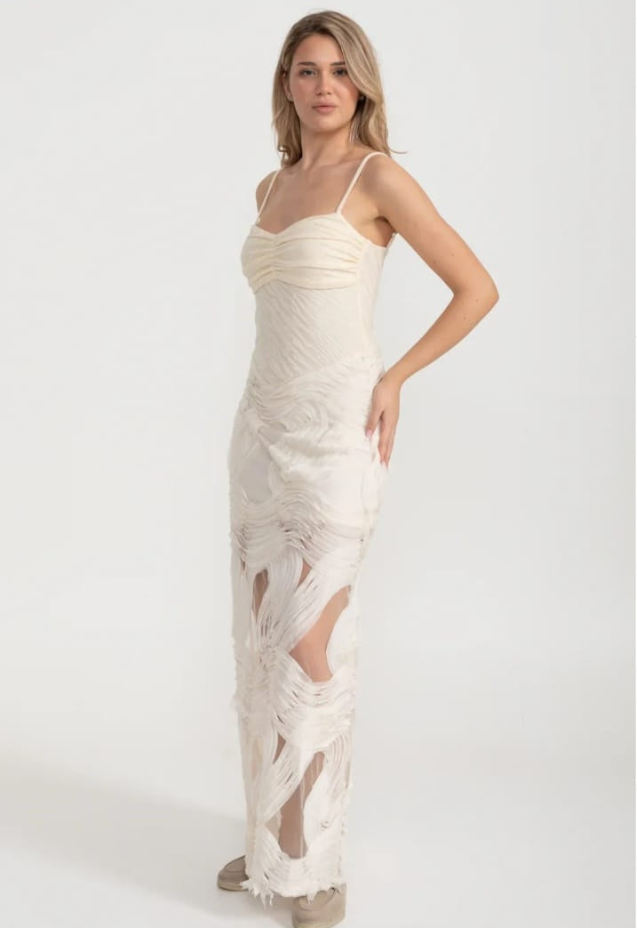 Sleeveless Evening Gown With Intricate Swirling Textures And Sheer Base Material - Ivoire