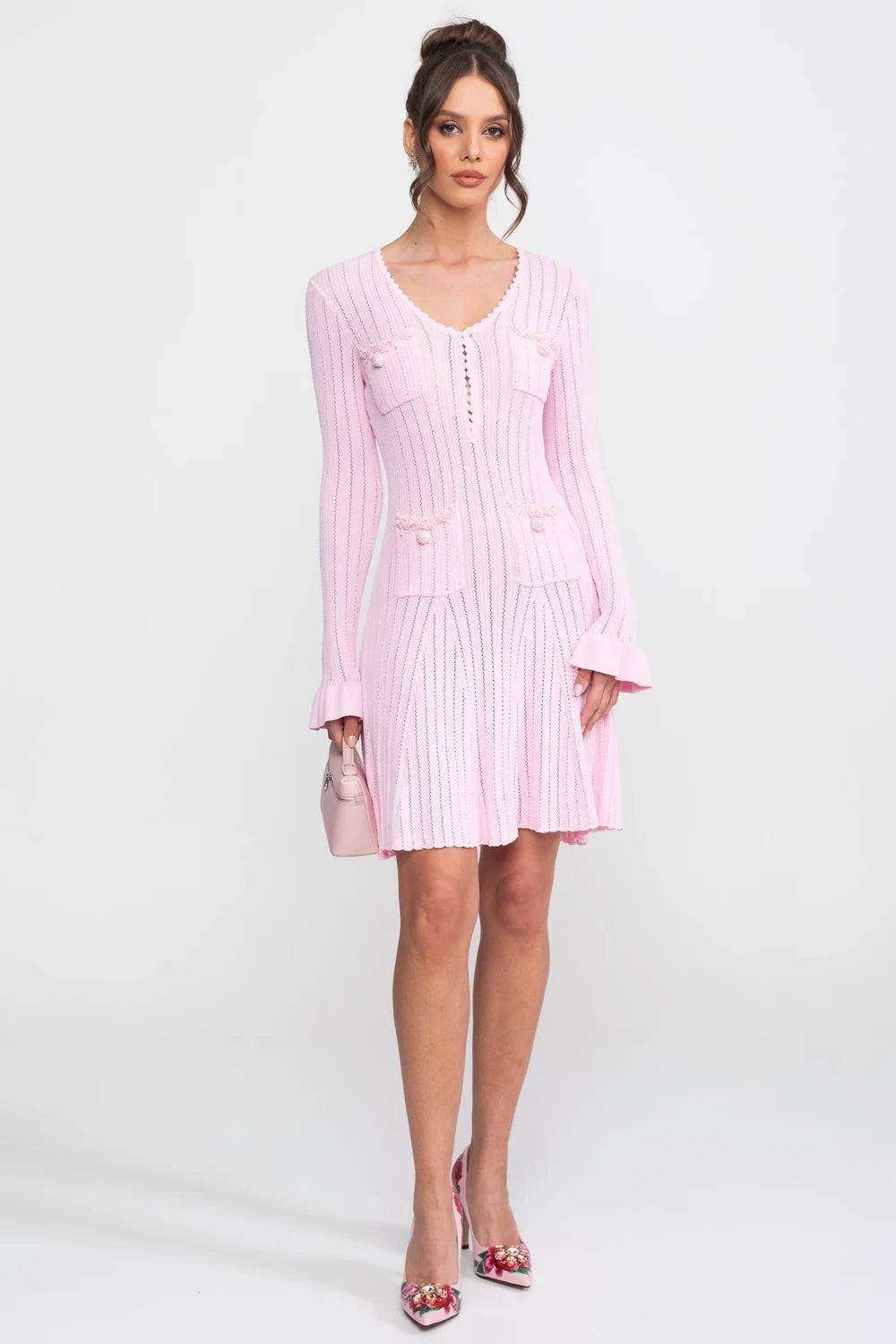 Open-Knit Mini Dress With Scallop Neck And Ruffle Cuffs - Pink