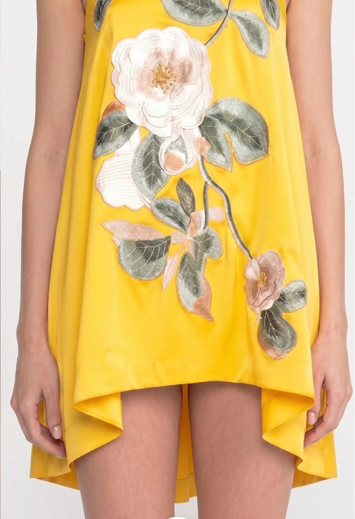 Spaghetti-Strap Mini Dress With 3D Floral Appliqué And A-Line Skirt - Yellow