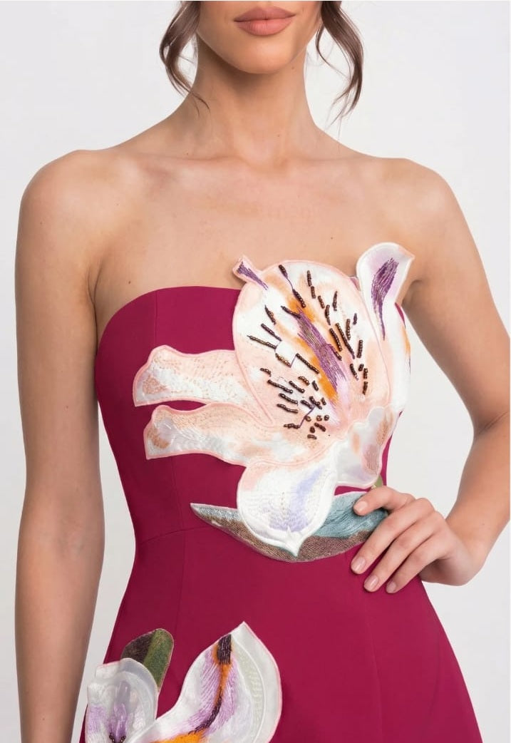 Strapless floral print mini dress with structured bodice - Red