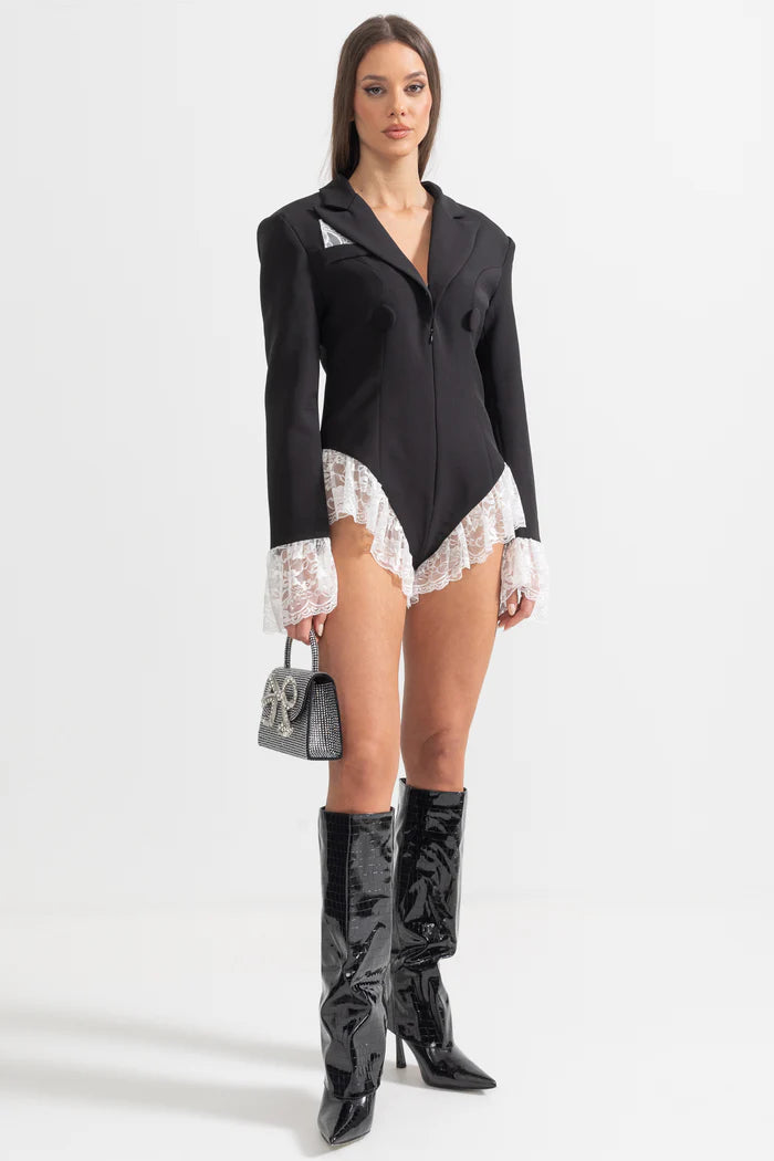 Elegant Blazer Bodysuit With White Lace Trim - Black