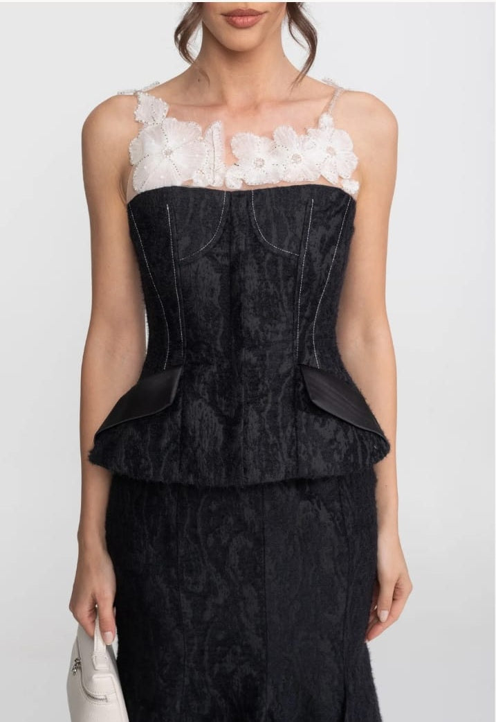 Jacquard Maxi Set With Sheer Floral Neckline And Peplum Waist - Black