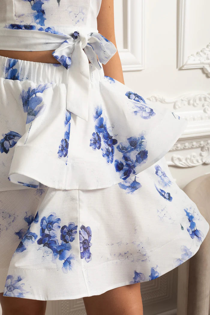 Floral Halter Crop Top and Layered Ruffle Mini Skirt Set - White/Blue