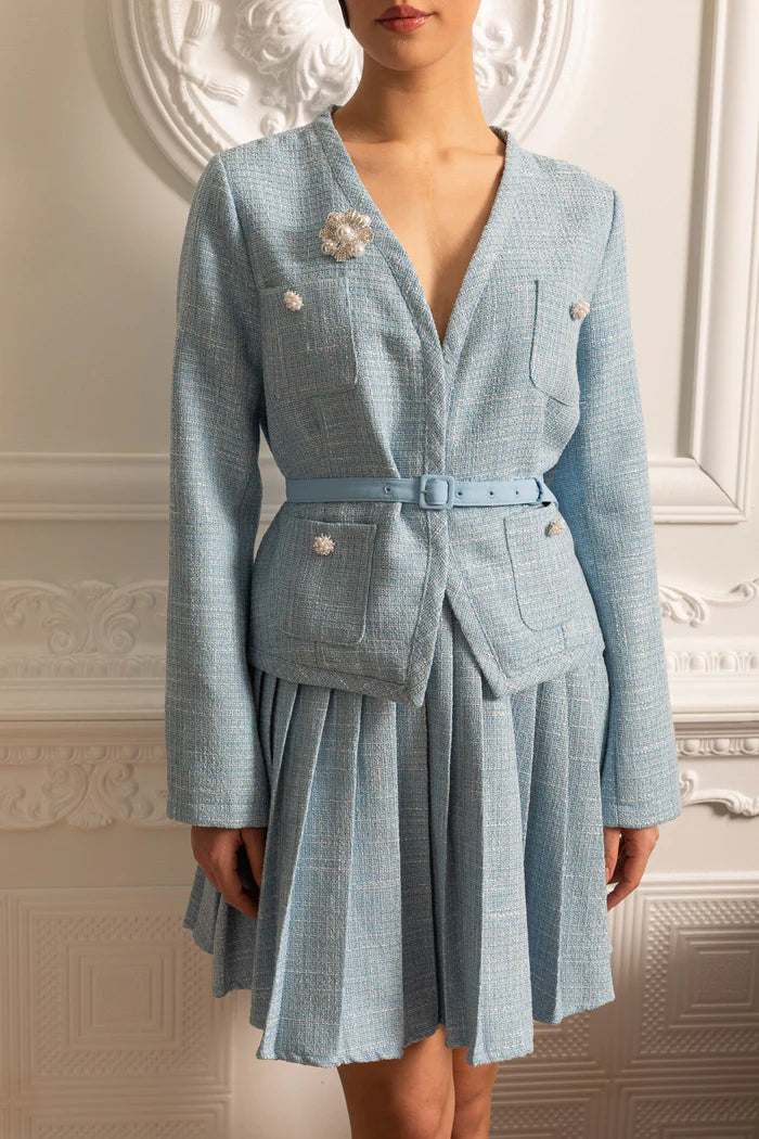 Textured Co-Ord Set With Long Sleeved Top And Matching Pleated Mini Skirt - Blue