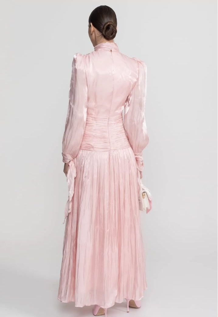 Long Ruched Long Sleeve Dress with Pleated Skirt - Blush Pink