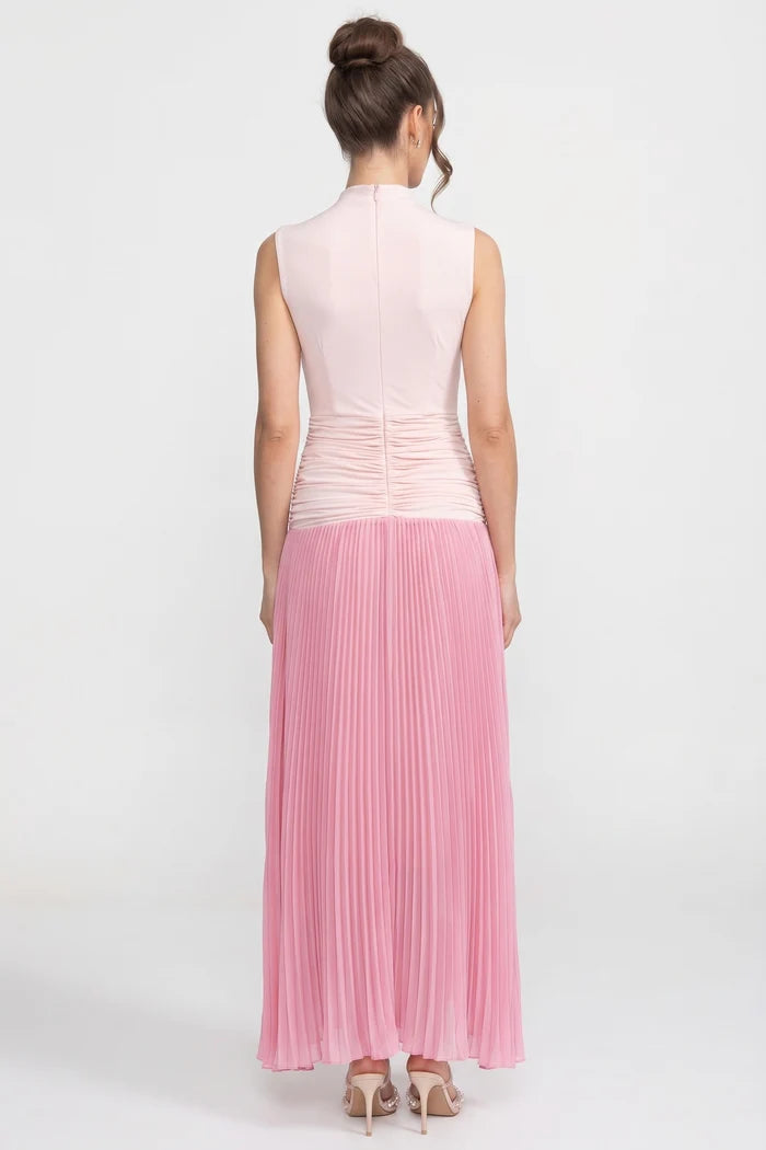 Halter Neck Pleated Maxi Dress With Gathered Waist Detail - Pink