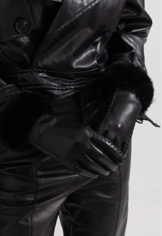 Vegan Leather Gloves With Fur Cuffs - Black