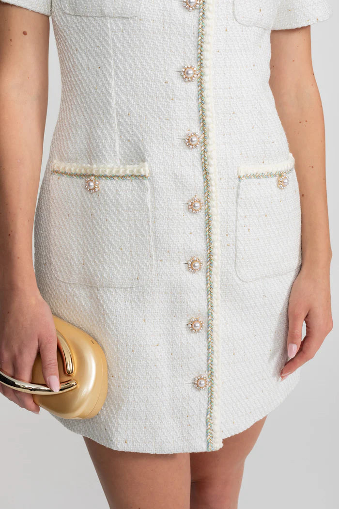 Tweed Mini Dress with Pearl Detailing – White