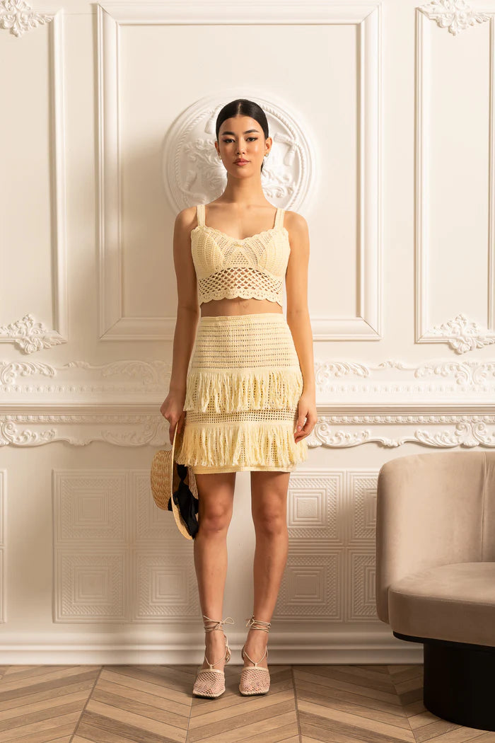 Crochet Ensemble With Crop Top And Coordinated Fringed Mini Skirt - Ivoire
