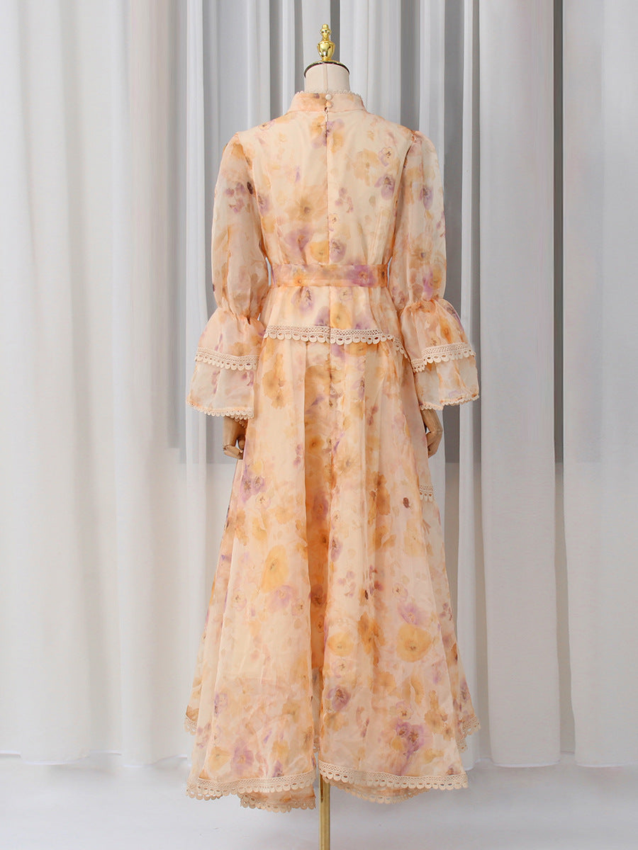 Waist-Slimming Printed Long-Sleeve Dress