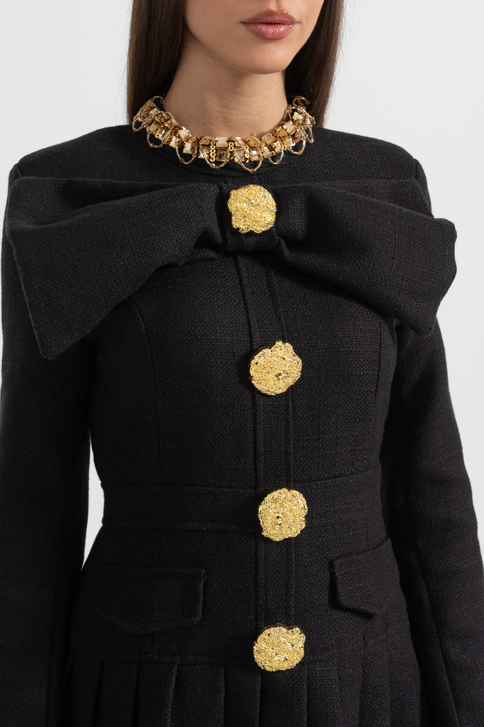 Buttoned Dress With Large Decorative Gold Buttons And Neckline Bow - Black