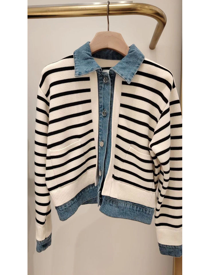 Denim Shirt Collar Striped Knit Short Jacket