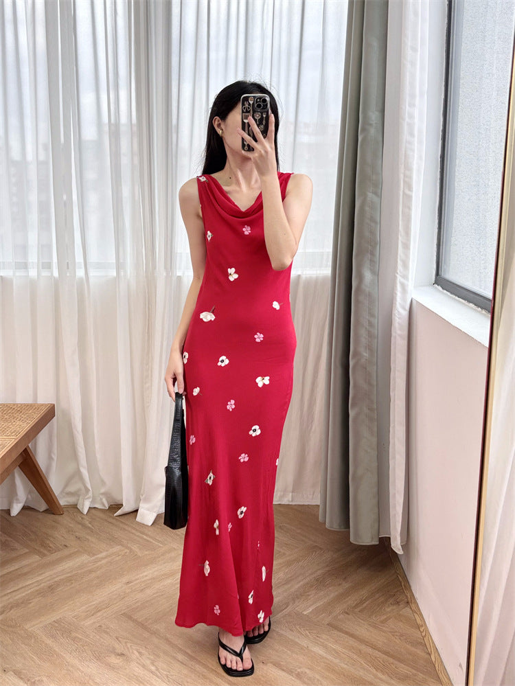 Flower print red dress silk