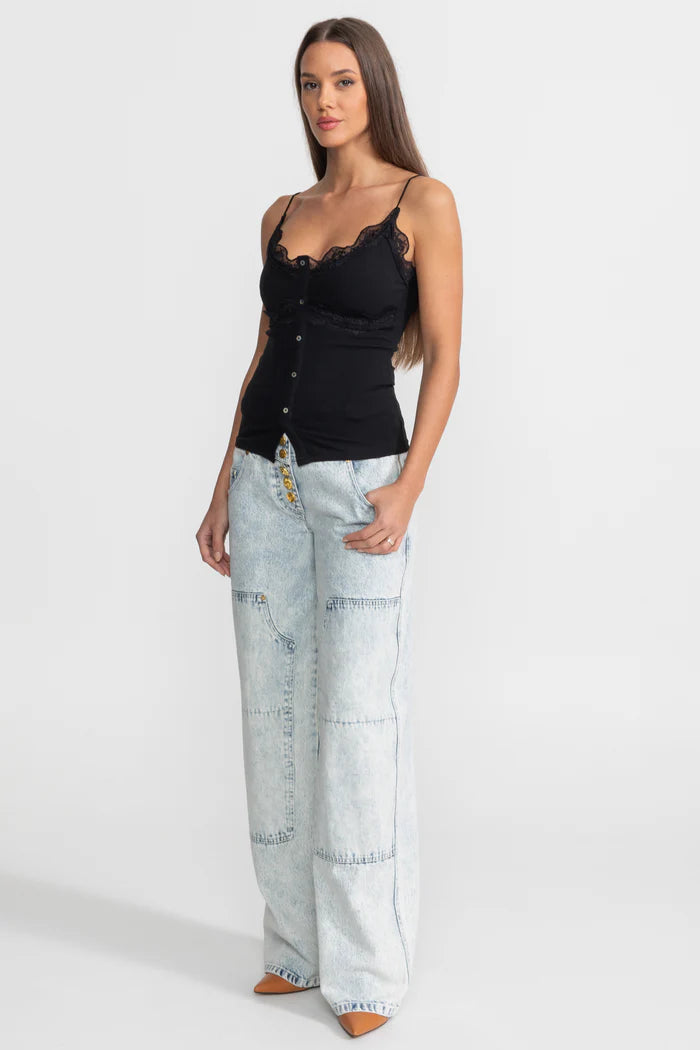 High-Waisted Wide-Leg Jeans with Gold Buttons - Light Blue