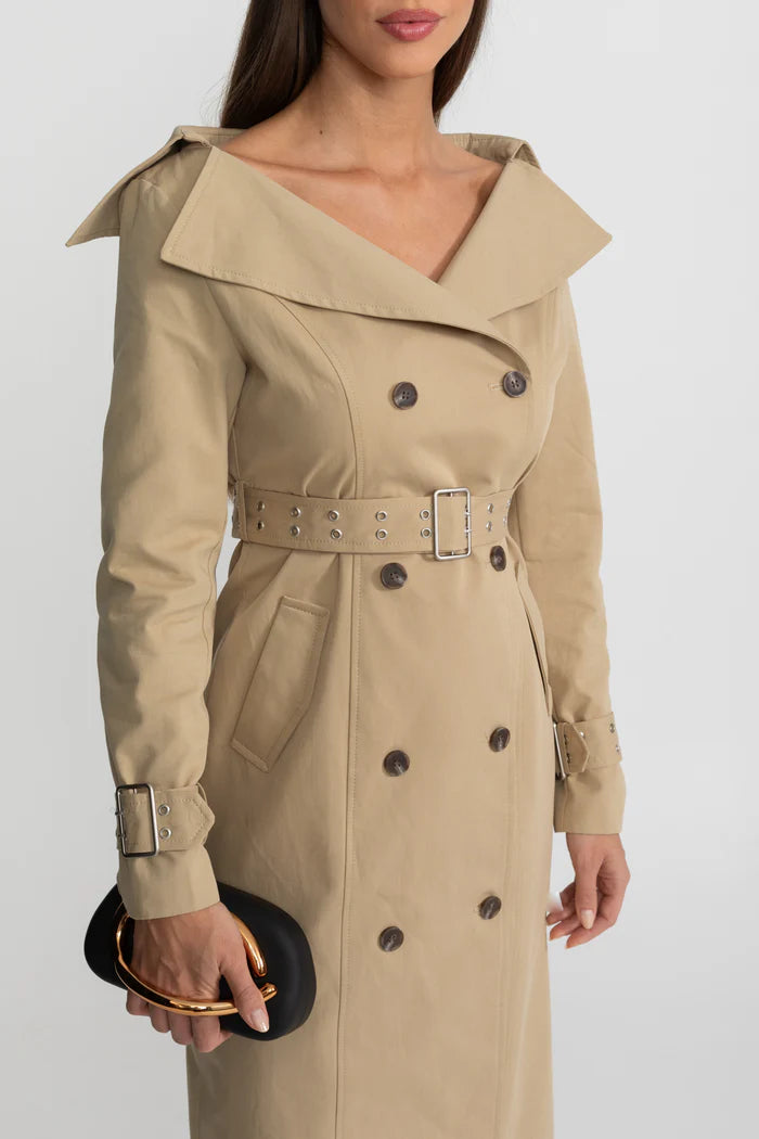 Off-Shoulder Double-Breasted Trench Coat With Belted Waist – Brown