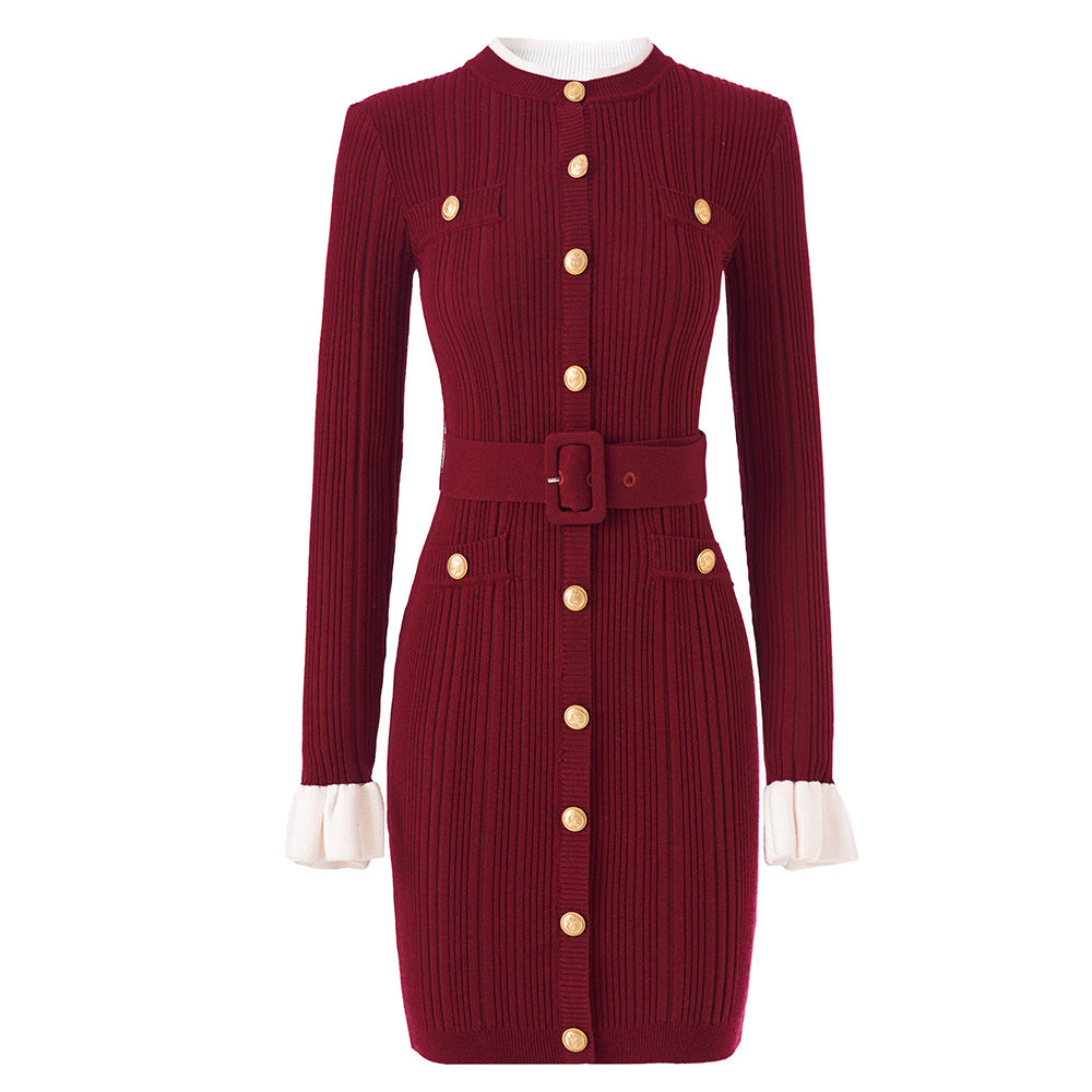 Cross-border hip flared sleeve knitted dress