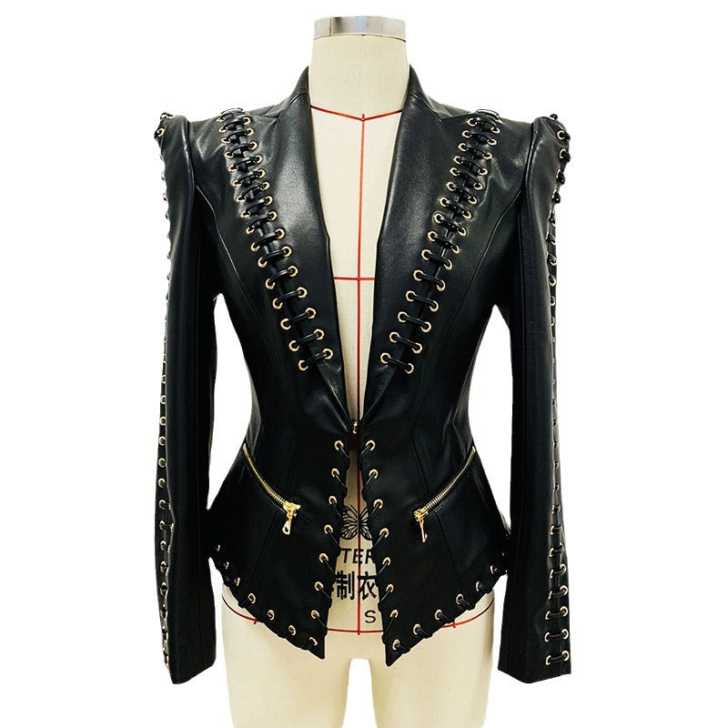 Strap slim leather jacket  and  Skirt