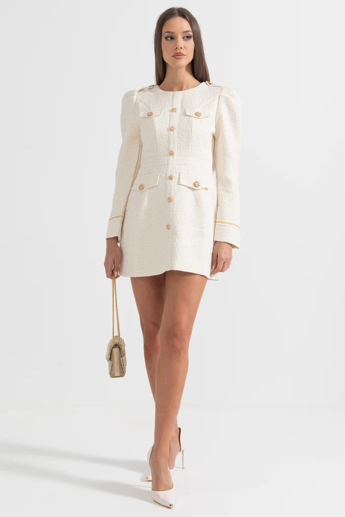 Textured Mini Dress With Gold Buttons And Front Pockets - Ivoire