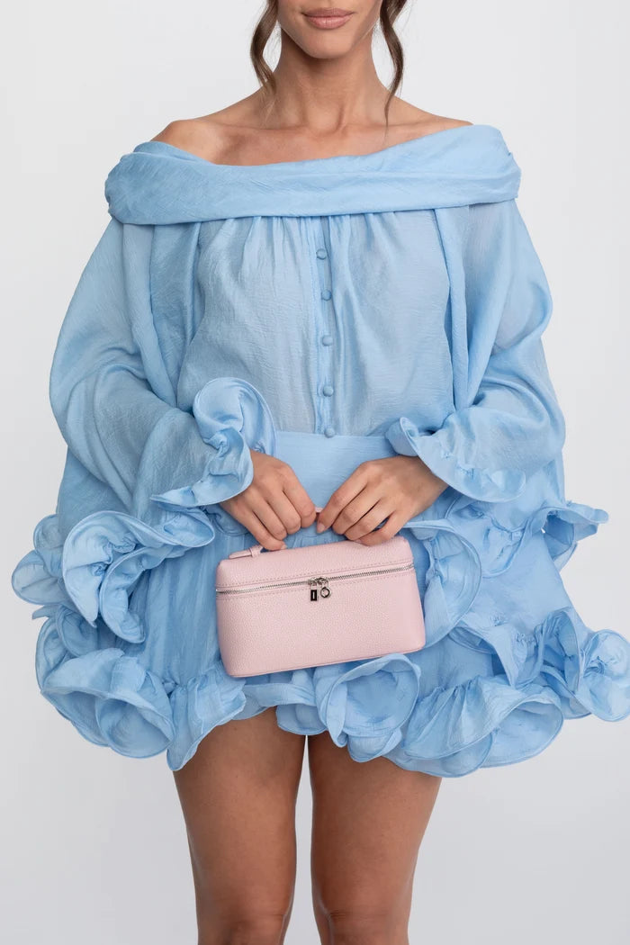 Off-Shoulder Ruffle Hem Co-Ord With Long Sleeves Shirt and Mini Skort - Light Blue