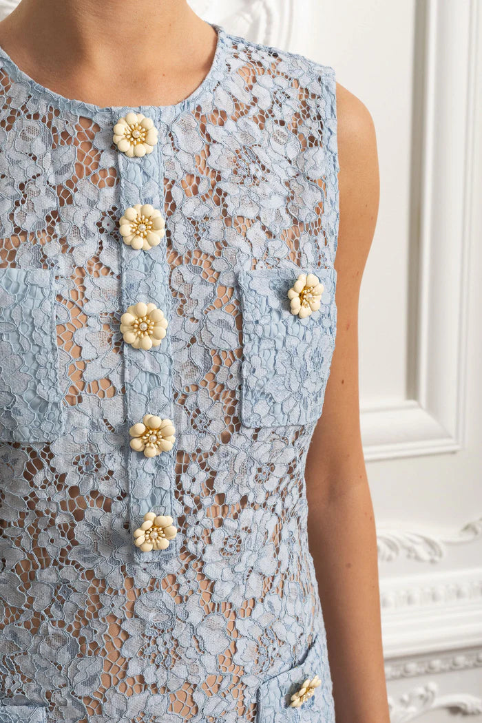 Sleeveless Lace Mini Dress With Decorative Buttons And Pockets - Blue
