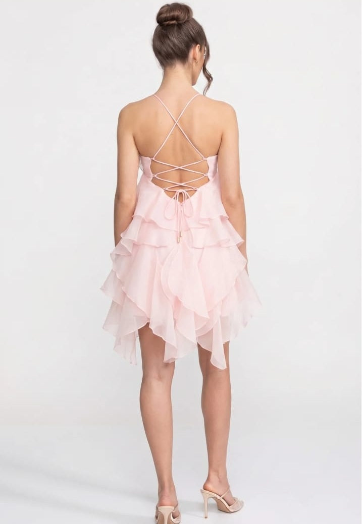 Tiered Ruffle Mini Dress With 3D Floral Halter Neck - Pink